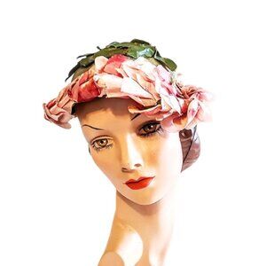 1940s Vintage Green Tilt Style Hat With Large Pink Flowers And Green Leaves
